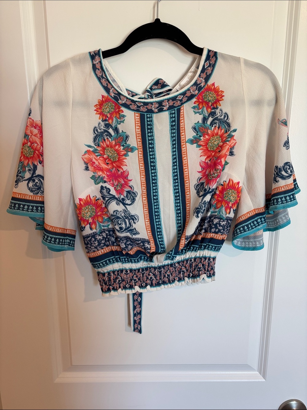 Jealous Tomato White Floral Flutter Crop Top with Teal & Coral Accents